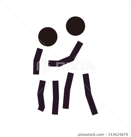 A simple pictogram showing an assistant supporting an elderly person walking. A simple pictogram showing an assistant supporting an elderly person walking. 143624879