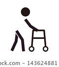 A simple pictogram of an elderly person walking with a walker. 143624881