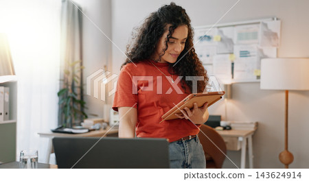 Home office, business woman and tablet for freelance, reading information and planning as creative agency. House, female graphic designer and laptop for design inspiration, feedback and remote work Home office, business woman and tablet for freelance, reading information and planning as creative agency. House, female graphic designer and laptop for design inspiration, feedback and remote work 143624914