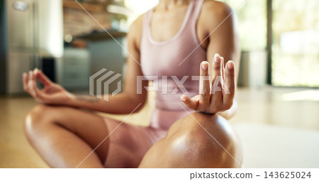 Peace, woman and hands with meditation in home for mental health, awareness or holistic balance. Zen, relax and person with chakra healing exercise for spiritual, connection or mindfulness on weekend Peace, woman and hands with meditation in home for mental health, awareness or holistic balance. Zen, relax and person with chakra healing exercise for spiritual, connection or mindfulness on weekend 143625024