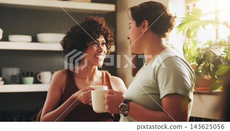 Women, couple and gay in kitchen with coffee on morning for breakfast, relax and enjoy. Support, care and happy or conversation with cup of tea to chill, fun and bonding for relationship and home Women, couple and gay in kitchen with coffee on morning for breakfast, relax and enjoy. Support, care and happy or conversation with cup of tea to chill, fun and bonding for relationship and home 143625056