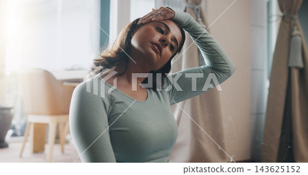 Fitness, home and woman stretching neck for warm up, self care and muscle relaxation for yoga. Wellness, calm and young female person with relief for back with pilates exercise at apartment. Fitness, home and woman stretching neck for warm up, self care and muscle relaxation for yoga. Wellness, calm and young female person with relief for back with pilates exercise at apartment. 143625152