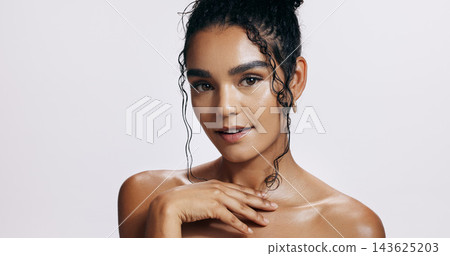 Studio, shine and portrait of woman, confident and treatment of skincare, soft and glow body in results. White background, aesthetic and proud for skin, dermatology and cosmetics of person and hand Studio, shine and portrait of woman, confident and treatment of skincare, soft and glow body in results. White background, aesthetic and proud for skin, dermatology and cosmetics of person and hand 143625203