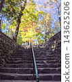 Stone steps nestled between stone walls and the dappled sunlight of autumn. 143625206