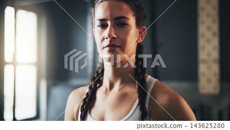 Woman, portrait and ready for training as athlete in fitness center for challenge in sports or wellness. Female person, strong and serious with pride for performance in gym, confidence or health Woman, portrait and ready for training as athlete in fitness center for challenge in sports or wellness. Female person, strong and serious with pride for performance in gym, confidence or health 143625280