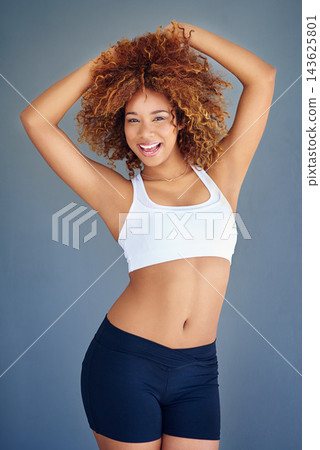 Fitness, sports and portrait of woman in studio for exercise, training and workout on gray background. Personal trainer, athlete and confident person with pride for wellness, healthy body and gym Fitness, sports and portrait of woman in studio for exercise, training and workout on gray background. Personal trainer, athlete and confident person with pride for wellness, healthy body and gym 143625801