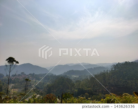 Scenic hazy green hills and village 143626336