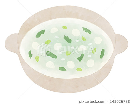 Watercolor-style illustration of nanakusa-gayu (seven-herb rice porridge) made in an earthenware pot. Watercolor-style illustration of nanakusa-gayu (seven-herb rice porridge) made in an earthenware pot. 143626788