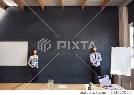 Business people, portrait and wall with whiteboard for presentation, coaching or conference at office. Creative man, woman or presenters with confidence on mockup space for communication or startup Business people, portrait and wall with whiteboard for presentation, coaching or conference at office. Creative man, woman or presenters with confidence on mockup space for communication or startup 143627063