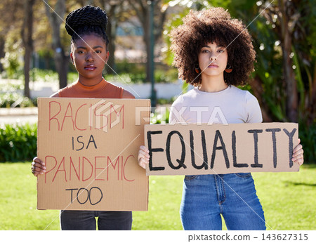 Portrait, social justice and activist as diverse women with placard, outdoor and human rights for movement, strike and politics. Female person, demonstration and protest for equality on board or sign 143627315