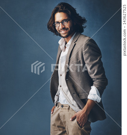 Business, man and portrait with glasses in studio for fashion or corporate career with executive look for manager roll or supervisor. Face, trendy and stylish on black background, happy and confident Business, man and portrait with glasses in studio for fashion or corporate career with executive look for manager roll or supervisor. Face, trendy and stylish on black background, happy and confident 143627525