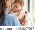 Sick baby, breathing or mother with pediatrician for check up, healthcare appointment or illness in family clinic. Child, consulting or doctor with mom for infant, lungs test or medical exam results 143627567