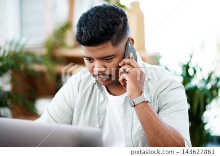 Businessman, phone call and discussion by working on computer in office as developer for explaining project details on website. Male person, talking and typing report with research information Businessman, phone call and discussion by working on computer in office as developer for explaining project details on website. Male person, talking and typing report with research information 143627861