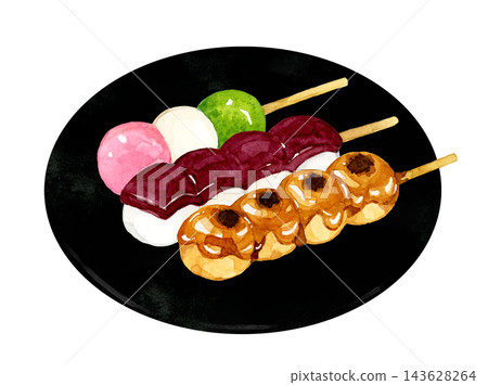 Three kinds of skewered dumplings on a plate - Hand-drawn watercolor illustration material Three kinds of skewered dumplings on a plate - Hand-drawn watercolor illustration material 143628264