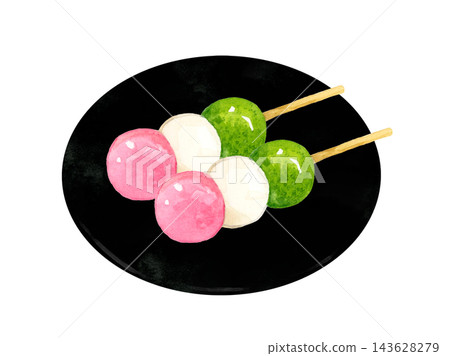 Hanami dango (three-colored dango) on a plate - Hand-drawn watercolor illustration material Hanami dango (three-colored dango) on a plate - Hand-drawn watercolor illustration material 143628279