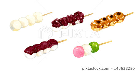 A set of various types of skewered rice dumplings - hand-drawn watercolor illustration material A set of various types of skewered rice dumplings - hand-drawn watercolor illustration material 143628280