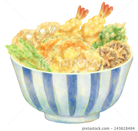An illustration of a tempura rice bowl topped with various kinds of tempura. An illustration of a tempura rice bowl topped with various kinds of tempura. 143628484