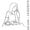 簡筆畫，線條畫：一位女士在咖啡館看書。 143628579