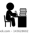 A pictogram of a person writing in a notebook surrounded by a large pile of documents. 143628602