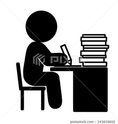 A pictogram of a person writing in a notebook surrounded by a large pile of documents. A pictogram of a person writing in a notebook surrounded by a large pile of documents. 143628602