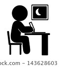 A simple pictogram of a person writing in a notebook at night. 143628603