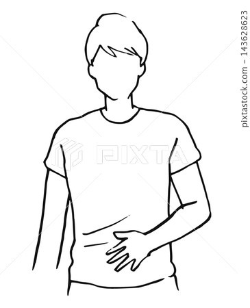 Simple illustration, line drawing: A man touching his stomach. 143628623