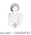 A short-haired woman enjoying pudding at a retro coffee shop. 143628753