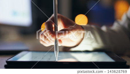 Hand, tablet and writing in office for planning, schedule and application for business in workplace. Male administrator, digital technology and pen in company for productivity, list and goals 143628769