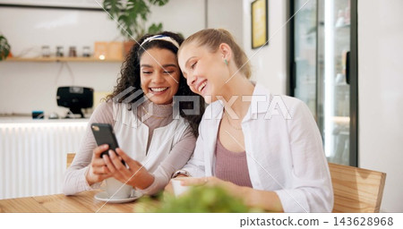 Friends, girl and selfie in coffee shop with smile for social media and online memory by table. Young people, vlogger or influencer in profile picture at small business cafe or restaurant for review Friends, girl and selfie in coffee shop with smile for social media and online memory by table. Young people, vlogger or influencer in profile picture at small business cafe or restaurant for review 143628968
