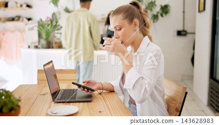Woman, laptop and drinking or smartphone in cafe, remote work and cappuccino in coffee shop or online research. Blog, communication and customer networking on internet, copywriter and relax browsing Woman, laptop and drinking or smartphone in cafe, remote work and cappuccino in coffee shop or online research. Blog, communication and customer networking on internet, copywriter and relax browsing 143628983