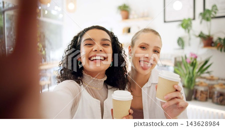 Women, friends and smile with coffee for selfie, social media or post on Internet for memories. Female influencers, happy and portrait for cafe blog or online profile picture and bonding together Women, friends and smile with coffee for selfie, social media or post on Internet for memories. Female influencers, happy and portrait for cafe blog or online profile picture and bonding together 143628984