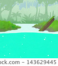 A landscape illustration of a lush jungle and an emerald-colored river. 143629445