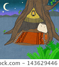 A fantasy illustration of a large tree and a small hideout under a crescent moon. 143629446