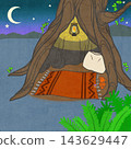 A fantasy illustration of a large tree and a small hideout under a crescent moon. 143629447