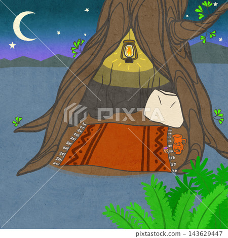 A fantasy illustration of a large tree and a small hideout under a crescent moon. A fantasy illustration of a large tree and a small hideout under a crescent moon. 143629447