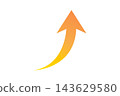 The orange and yellow gradient upward arrow stands out against the white background, and the curve extending to the upper right represents growth, progress, success, and increase. 143629580
