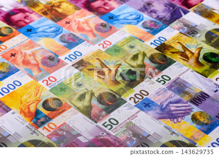 Switzerland, Swiss paper money, franc banknotes and rappen coins as currency for exchange or travel Switzerland, Swiss paper money, franc banknotes and rappen coins as currency for exchange or travel 143629735