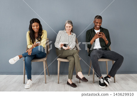 Cellphone, networking and business people waiting in office for interview, meeting or recruitment. Technology, line and professional copywriting candidates for job onboarding with phone in workplace. Cellphone, networking and business people waiting in office for interview, meeting or recruitment. Technology, line and professional copywriting candidates for job onboarding with phone in workplace. 143629910