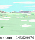 Vector illustration of a grassland landscape with pale green land and distant mountains. 143629979
