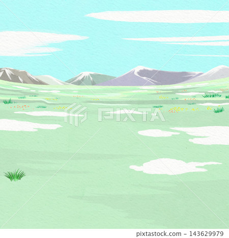 Vector illustration of a grassland landscape with pale green land and distant mountains. 143629979