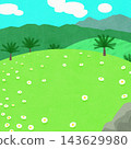 A landscape illustration of a green meadow with a blue sky and white flowers. 143629980
