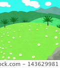 Vector illustration of a green meadow with a blue sky and white flowers. 143629981