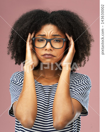 Stress, headache or woman face with glasses in studio overwhelmed by brain fog, vertigo or crisis on pink background. Anxiety, portrait or model frustrated, sad or overthinking, mistake or trauma Stress, headache or woman face with glasses in studio overwhelmed by brain fog, vertigo or crisis on pink background. Anxiety, portrait or model frustrated, sad or overthinking, mistake or trauma 143630002