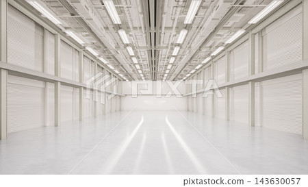 White empty factory interior fully enclosed with ceiling lights 143630057