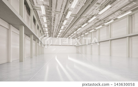 White empty factory interior fully enclosed with ceiling lights White empty factory interior fully enclosed with ceiling lights 143630058