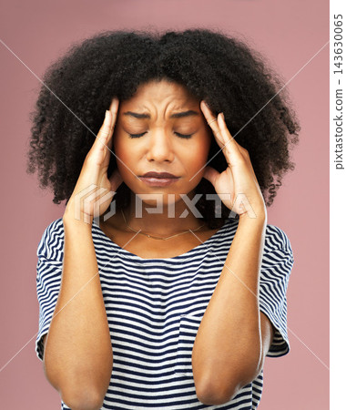 Stress, anxiety and woman with headache in studio overwhelmed by mistake, pressure or conflict trauma on pink background. Migraine, face and girl model with emoji fail, crisis or vertigo disaster 143630065