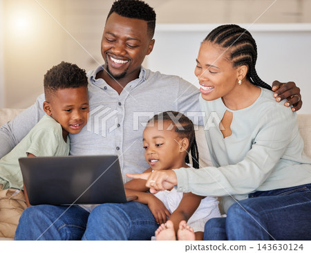 Black family, laptop and kids on sofa for video, together and streaming on internet for love or care. Man, woman and children with computer for film, movies or games on lounge couch for holiday 143630124