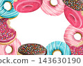 Pink glazed doughnuts horizontal watercolor frame with blank copy space. Hand drawn banner template for bakery menu, banner and party invitation. Delicious dessert with chocolate icing and sprinkles 143630190