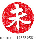 A grunge design featuring the kanji character for the sheep (the Chinese zodiac sign) and a red circle. 143630581