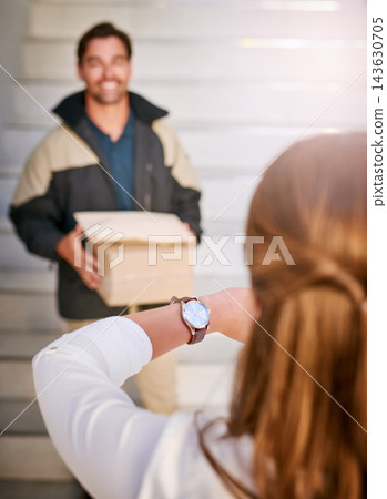 Delivery man, late and customer with time check for box of groceries at front door as courier service. Carrier, delayed and behind schedule with package from logistics company for frustrated woman Delivery man, late and customer with time check for box of groceries at front door as courier service. Carrier, delayed and behind schedule with package from logistics company for frustrated woman 143630705